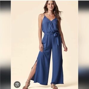 Wide-Leg Blue ruffle Jumpsuit with Tie Waist